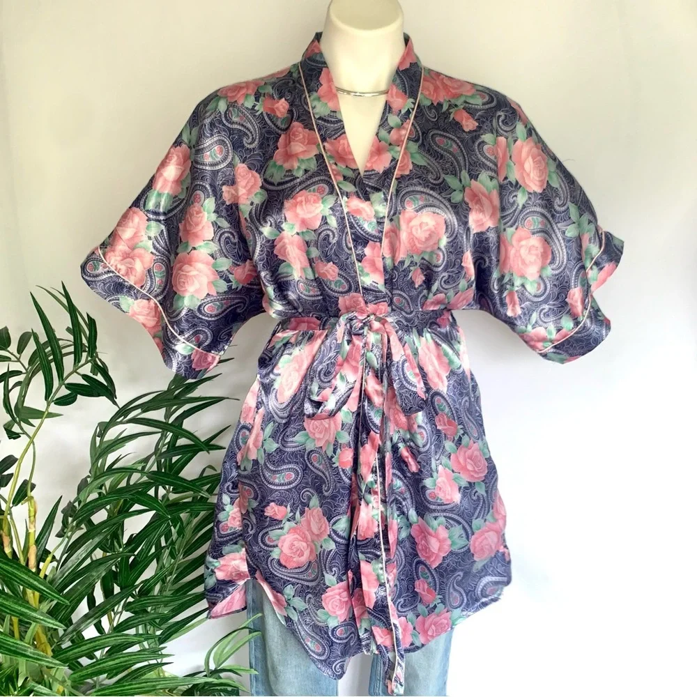 s a t i n :: Silky Floral 3pc Set Satin Robe Shorts Camisole - Picture 2 of 13